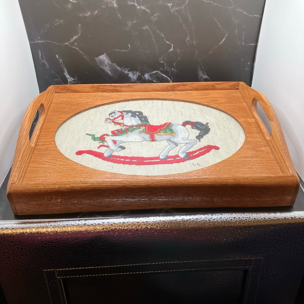 Decorative Wooden Tray with Needlepoint Picture Inset Holiday Decor